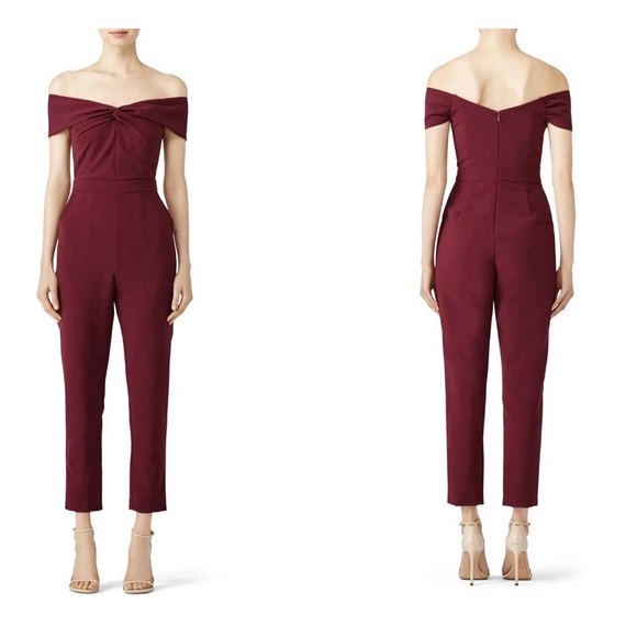 ADELYN RAE Red Crepe Twisted Off-Shoulder neckline Straight Leg Jumpsuit - Picture 1 of 11